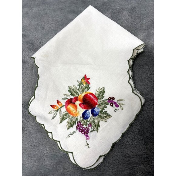Vtg Embroidered Hndmde Linen Tablecloth 17x17 Square Cottage Country Core Fruits - Picture 1 of 9